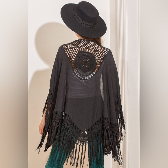 Lulu's Swim Lulus Forever Free Spirited Crochet Kimono Beach Cover Up Fringe Shawl Black